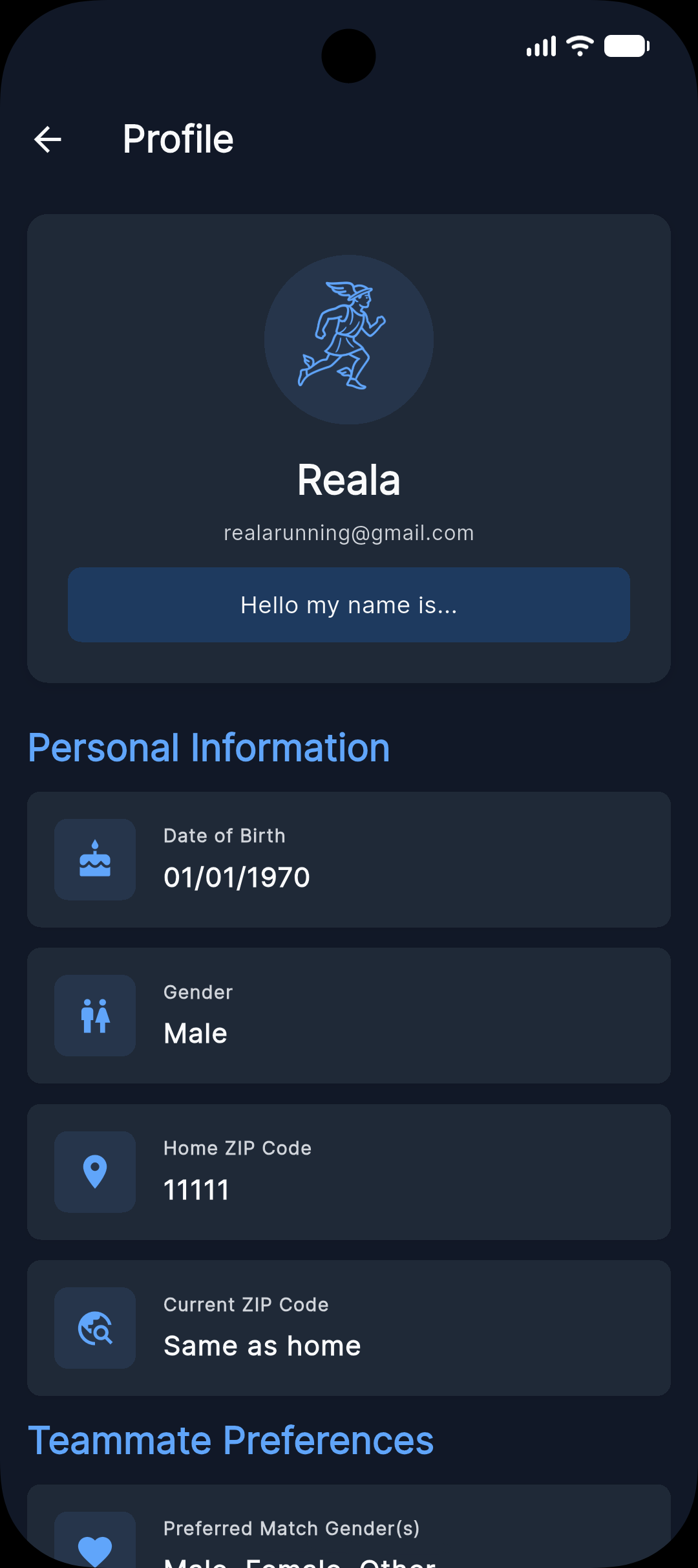 Profile screen - edit your runner profile