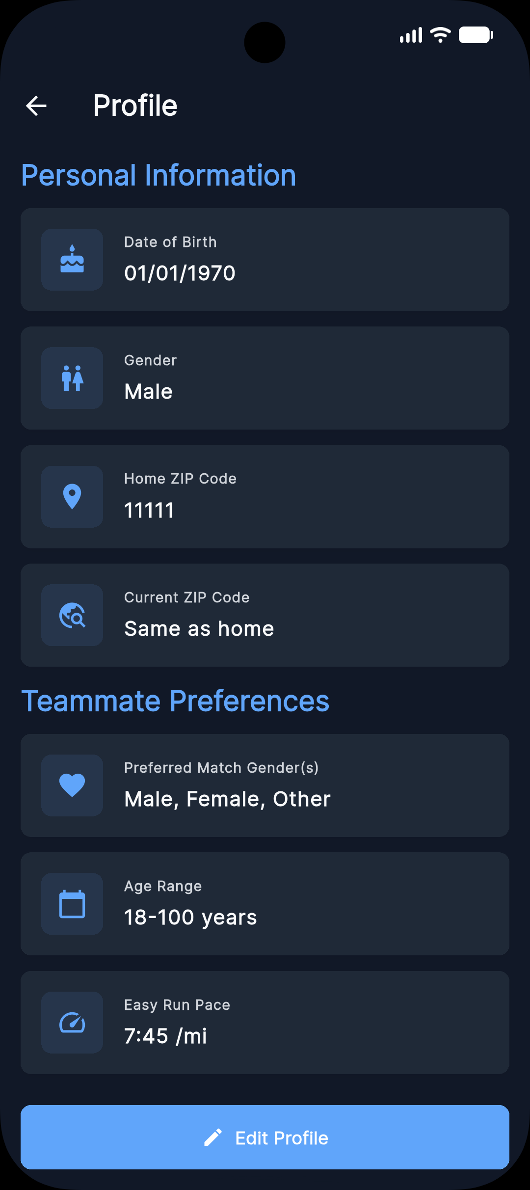Profile screen - your pace and bio