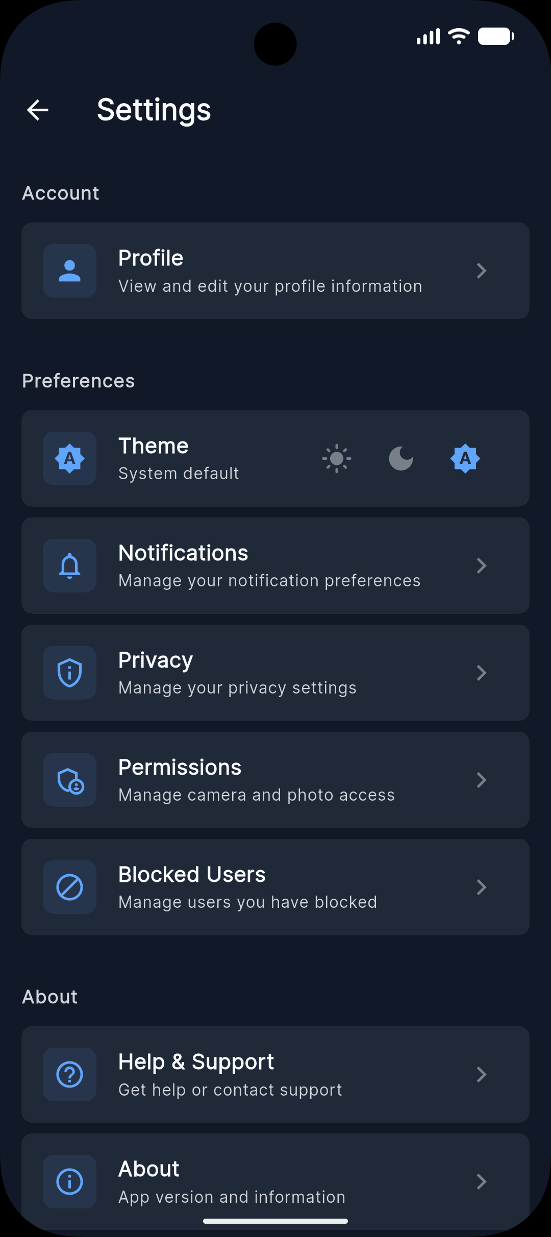Settings - find Account Actions and Delete Account